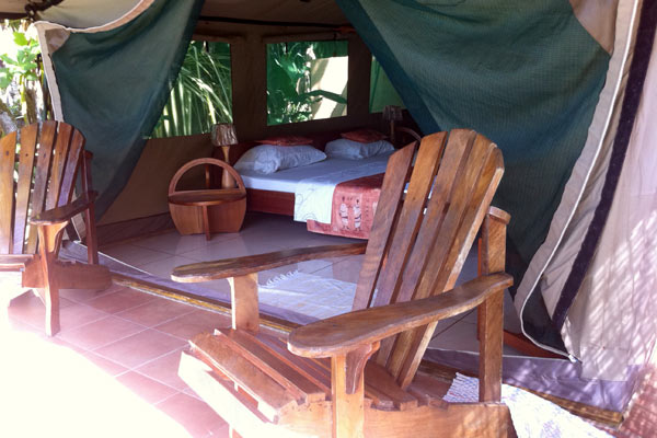 The porch of the Rafiki Beach Camp hotel overlooking the Pacific Ocean of Costa Rica 